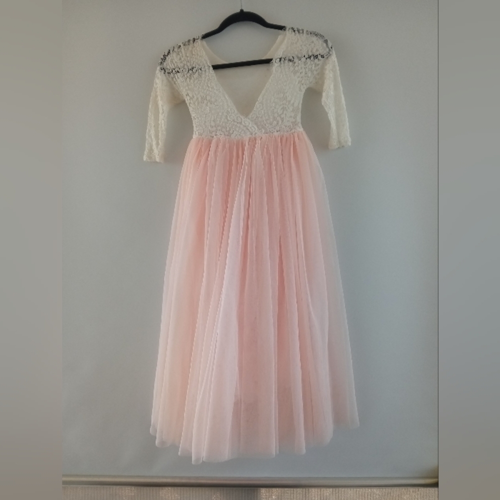 2Bunnies Lace & Tulle Flower Girl Formal Maxi Dress Cream Pink Size 7-8Y - Picture 4 of 9